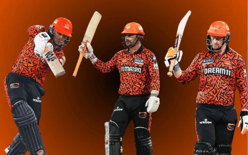 Three men in Hyderabad team sports jerseys. In RR vs SRH match.