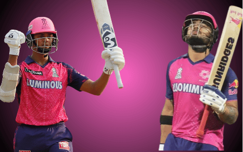 Two men in Rajasthan team sports jerseys. In RR vs SRH match.