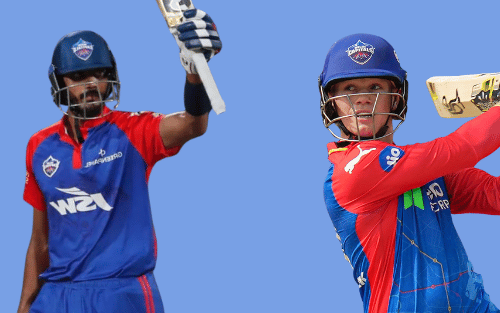 LSG VS DC: Two men in delhi cricket jerseys.