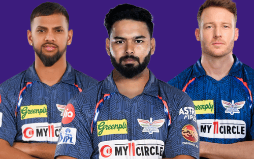 Three men in Lucknow cricket team jerseys.