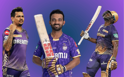 KKR vs RR: Sunil Narine, Ajinkya Rahane and Andre Russell in Kolkata IPL team jersey.