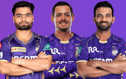 MI vs KKR: Rinku Singh, Quinton de Kock and Ajinkya Rahane in Kolkata team jersey.