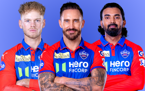 DC vs MI: Jake Fraser-McGurk, Faf du Plessis and KL Rahul in Delhi Capitals IPL team jersey.