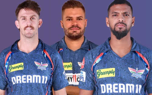DC vs LSG: Mitchell Marsh, Aiden Markram and Nicholas Pooran in Lucknow Super Giants IPL team jersey.