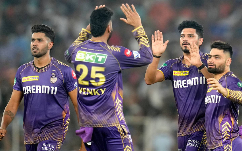 KKR vs PBKS: Players in Kolkata Knight Riders IPL team jersey.