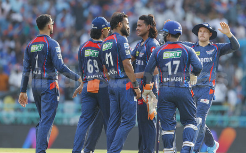 MI vs LSG: Players in Lucknow Super Giants IPL team jersey.
