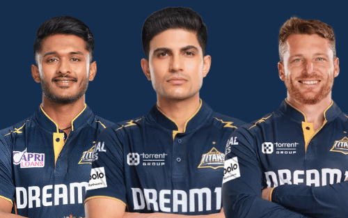 RCB vs GT: Sai Sudharsan, Shubman Gill and Jos Buttler in IPL Gujarat team jersey.