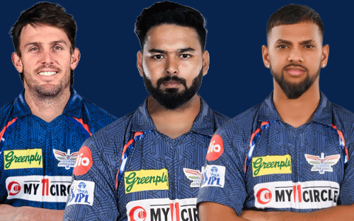 GT vs LSG: Mitchell Marsh, Rishabh Pant and Nicholas Pooran in Lucknow IPL team jersey.