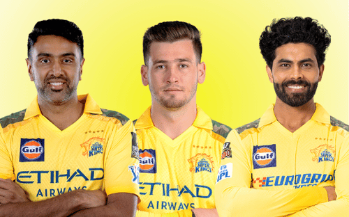 MI vs CSK: Ravichandran Ashwin, Noor Ahmad and Ravindra Jadeja in Chennai Super Kings IPL team jersey.