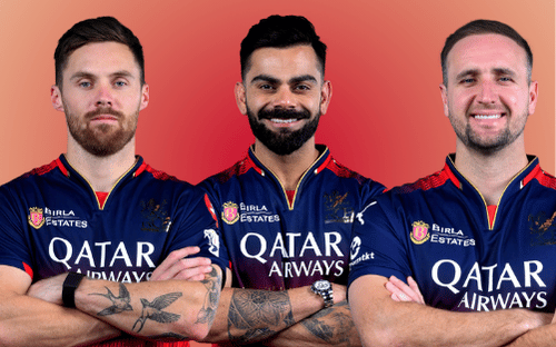 RCB vs GT: Phil Salt, Virat Kohli and Liam Livingstone in IPL Bangalore team jersey.