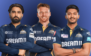 GT vs LSG: Rahul Tewatia, Jos Buttler and Sai Sudharsan in Gujarat IPL team jersey.