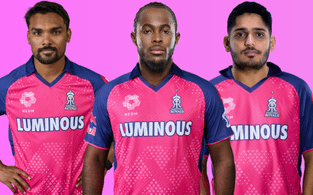 Sandeep Sharma, Jofra Archer and Tushar Deshpande in Rajasthan IPL team jersey.
