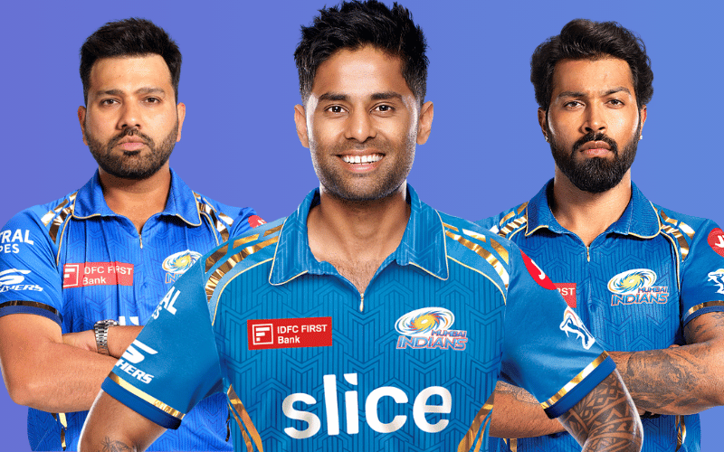 DC vs MI: Rohit Sharma, Suryakumar Yadav and Hardik Pandya in Mumbai Indians IPL team jersey.
