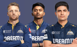 SRH vs GT: Jos Buttler, Sai Sudharsan and Shubman Gill in Gujarat Titans team jersey.