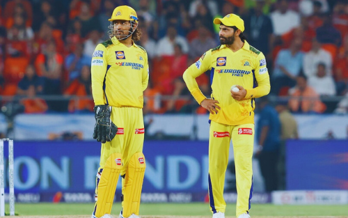 CSK vs KKR: MS Dhoni and Ravindra Jadeja in Chennai IPL team jersey.