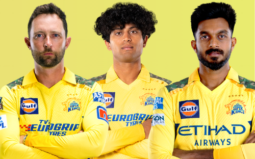 CSK vs LSG: Devon Conway, Rachin Ravindra and Vijay Shankar in Chennai IPL team jersey.