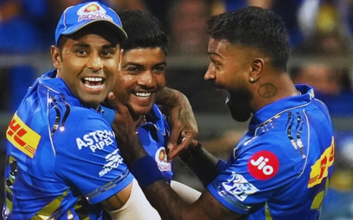 RR vs MI: Suryakumar Yadav, Vignesh Puthur and Hardik Pandya in Mumbai Indians IPL team jersey.