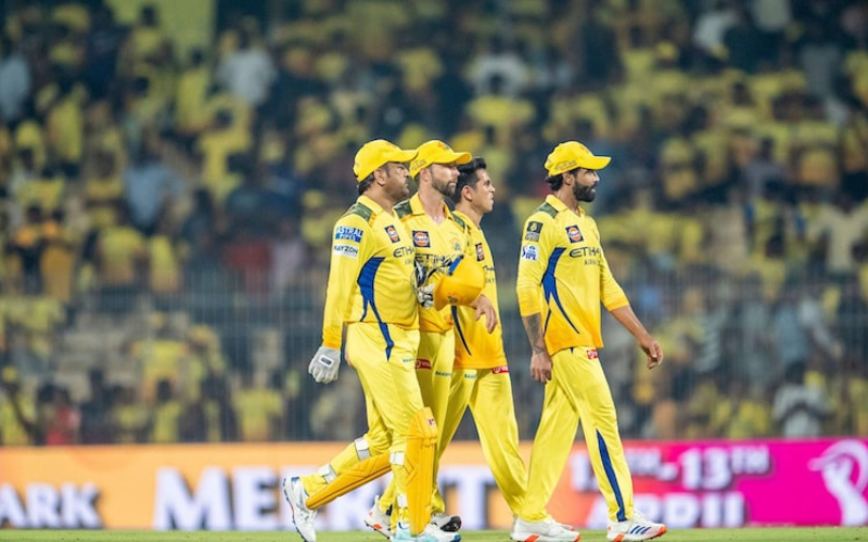 CSK vs RCB: Players in Chennai Super Kings IPL team jersey.