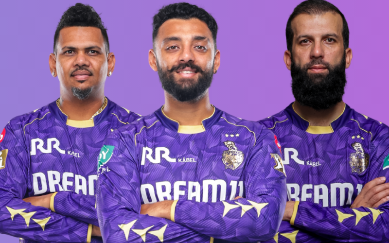 KKR vs CSK: Sunil Narine, Varun Chakraborty and Moeen Ali in Kolkata Knight Riders IPL team jersey.